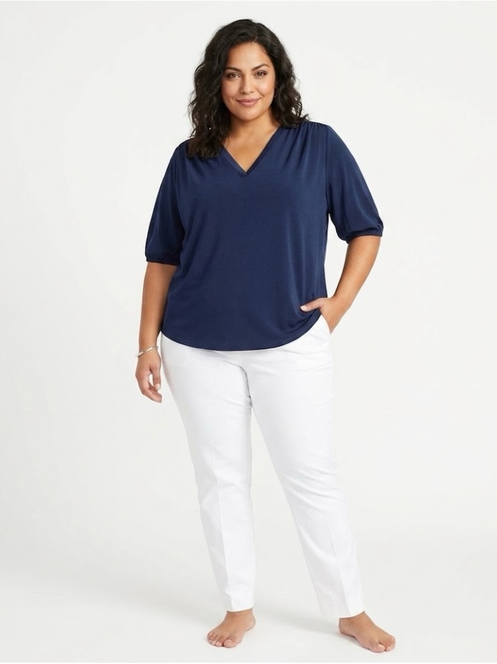 Terra & Sky Navy V-Neck Elbow Sleeve Tee Women’s Plus Size